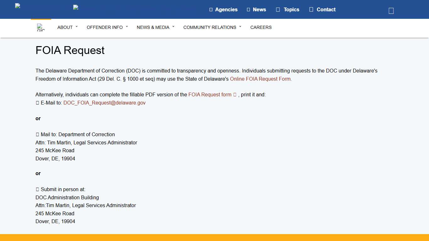 FOIA Request - Department of Correction - State of Delaware